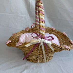 Victorian Easter Basket w/Pink Roses, Pink Chevron Pillow & Cream Accents